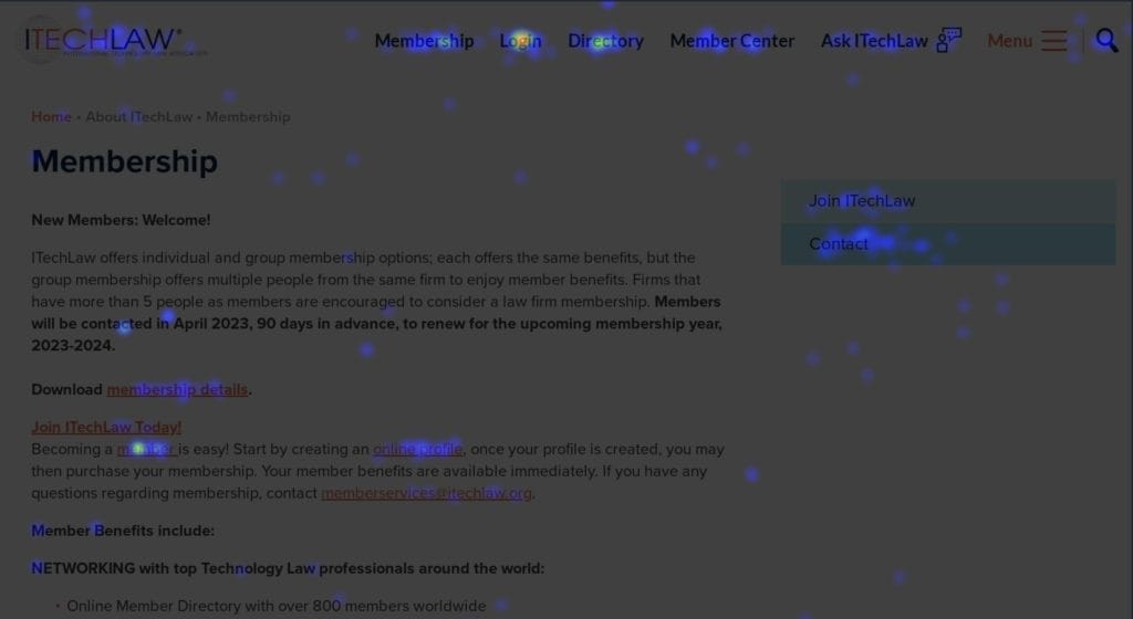 Heatmap for ITech Law's old Membership page before the website rebuild.